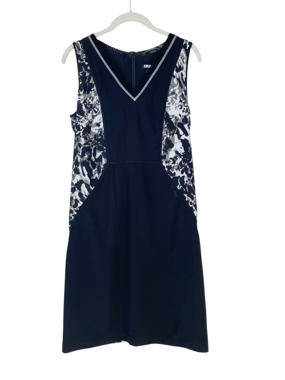 DKNY Black Sleeveless V-Neck Sheath Dress with Monochrome Side Panels